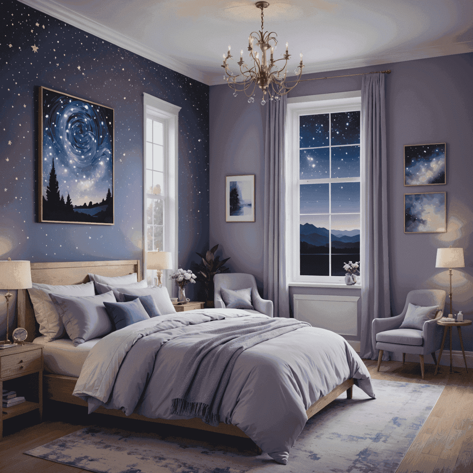 A serene bedroom with soft lilac and blue hues, featuring a comfortable bed with crisp white sheets and a window showing a starry night sky