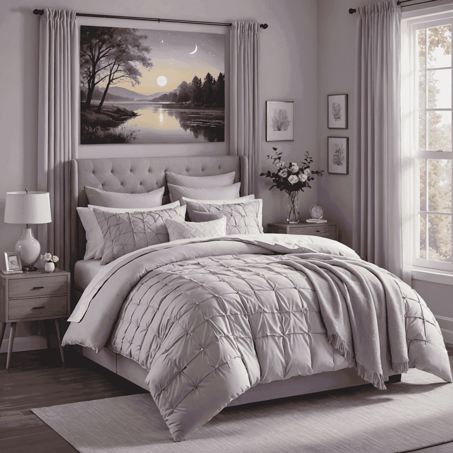 A serene bedroom setting with soft lilac hues, showcasing a perfectly made bed with fluffy pillows and a cozy comforter. Gentle moonlight streams through sheer curtains, creating a tranquil atmosphere ideal for restful sleep.