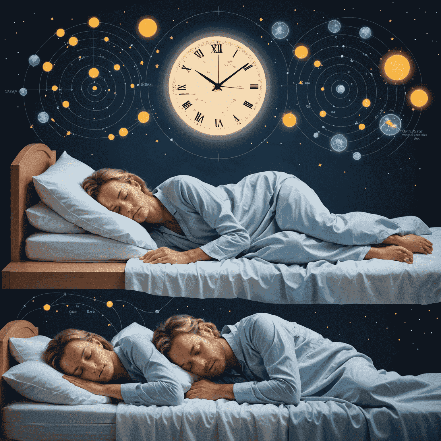 Illustration of sleep cycles showing REM and non-REM stages with brain activity patterns