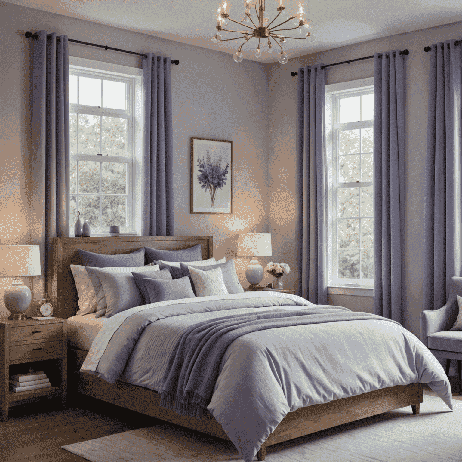 A serene bedroom with soft lighting, comfortable bedding, and calming blue and lilac accents. The room features blackout curtains, a white noise machine, and a thermostat, illustrating key elements of an ideal sleep environment.