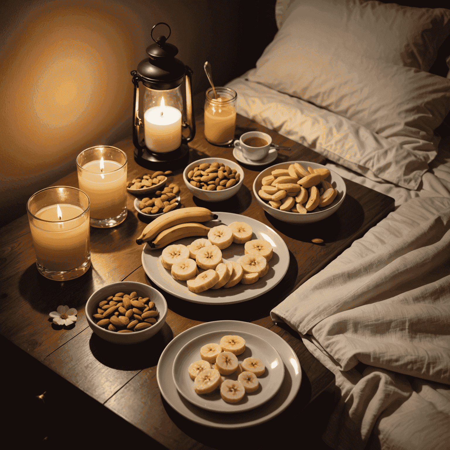 A peaceful bedroom setting with a small plate of sleep-promoting snacks on the nightstand, including banana slices, almonds, and chamomile tea. The room is dimly lit with soft, warm lighting, creating a cozy atmosphere conducive to sleep.