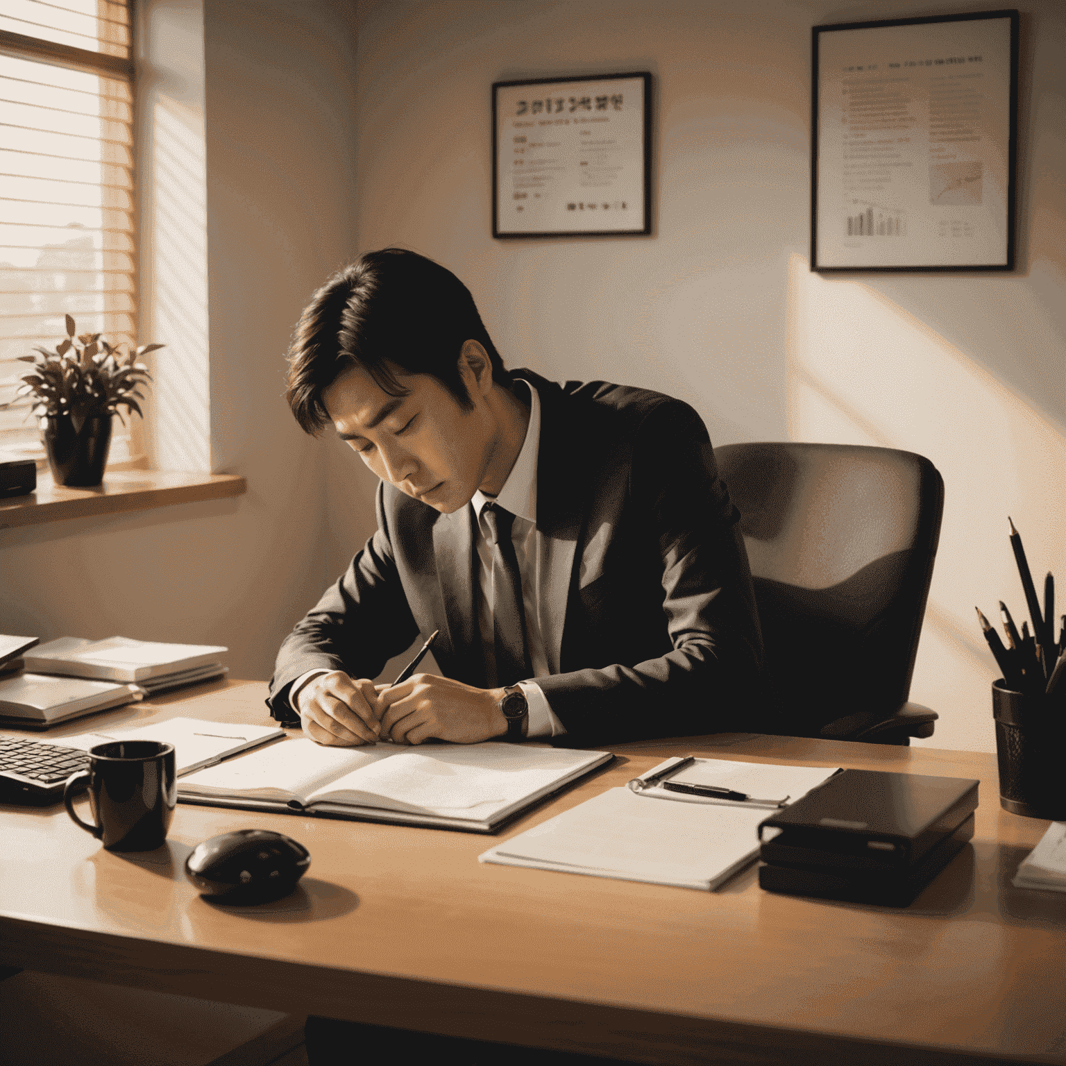 A Japanese office worker taking a power nap at their desk, surrounded by a peaceful, minimalist workspace with soft lighting