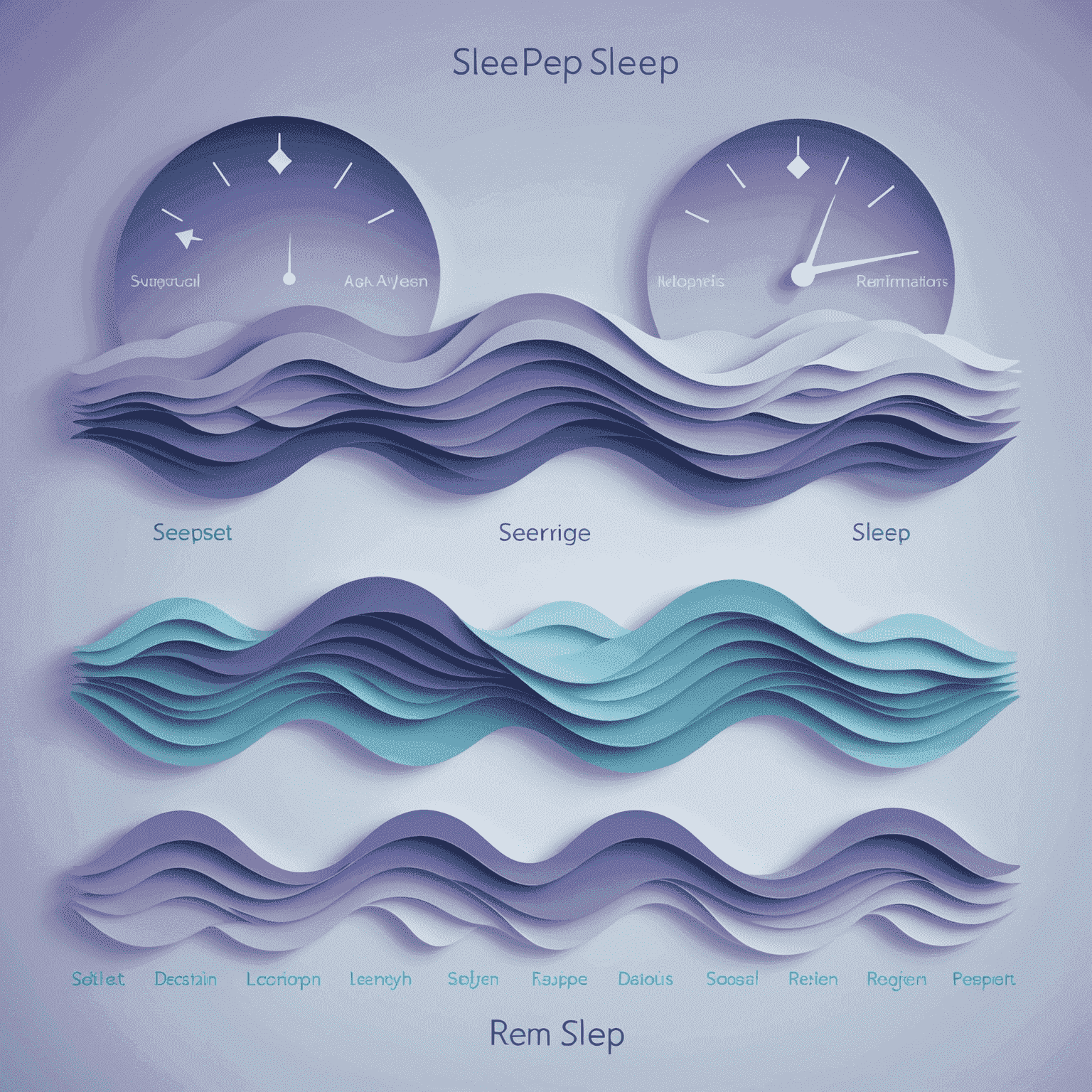 A diagram showing different sleep cycle stages, with waves representing REM and non-REM sleep patterns. Soft blue and lilac colors are used to depict the cycles.