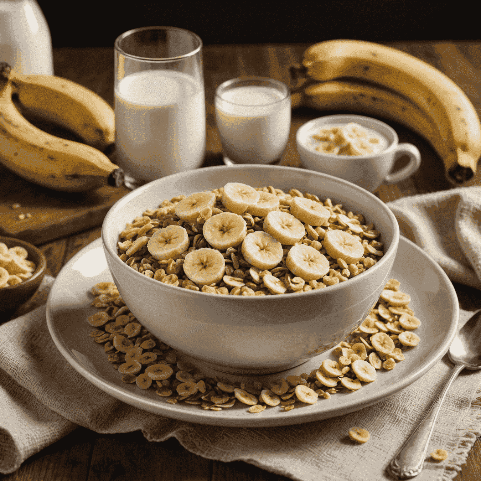 A small bowl of whole grain cereal with milk, garnished with a few slices of banana, presented on a bedside table with soft, warm lighting.