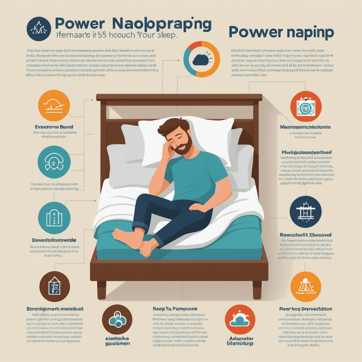 Infographic showing the benefits of power napping, with icons representing increased alertness, improved mood, enhanced cognition, and better sleep