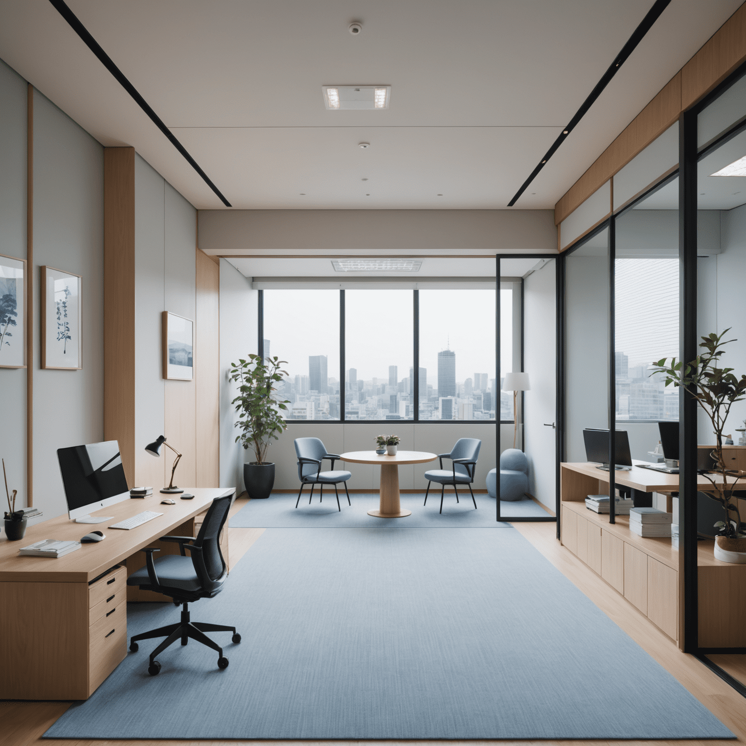 A modern, minimalist office space in Tokyo with large windows, featuring a mix of traditional Japanese elements and contemporary design. Soft blue and lilac accents are visible in the decor, with a small zen garden visible in one corner