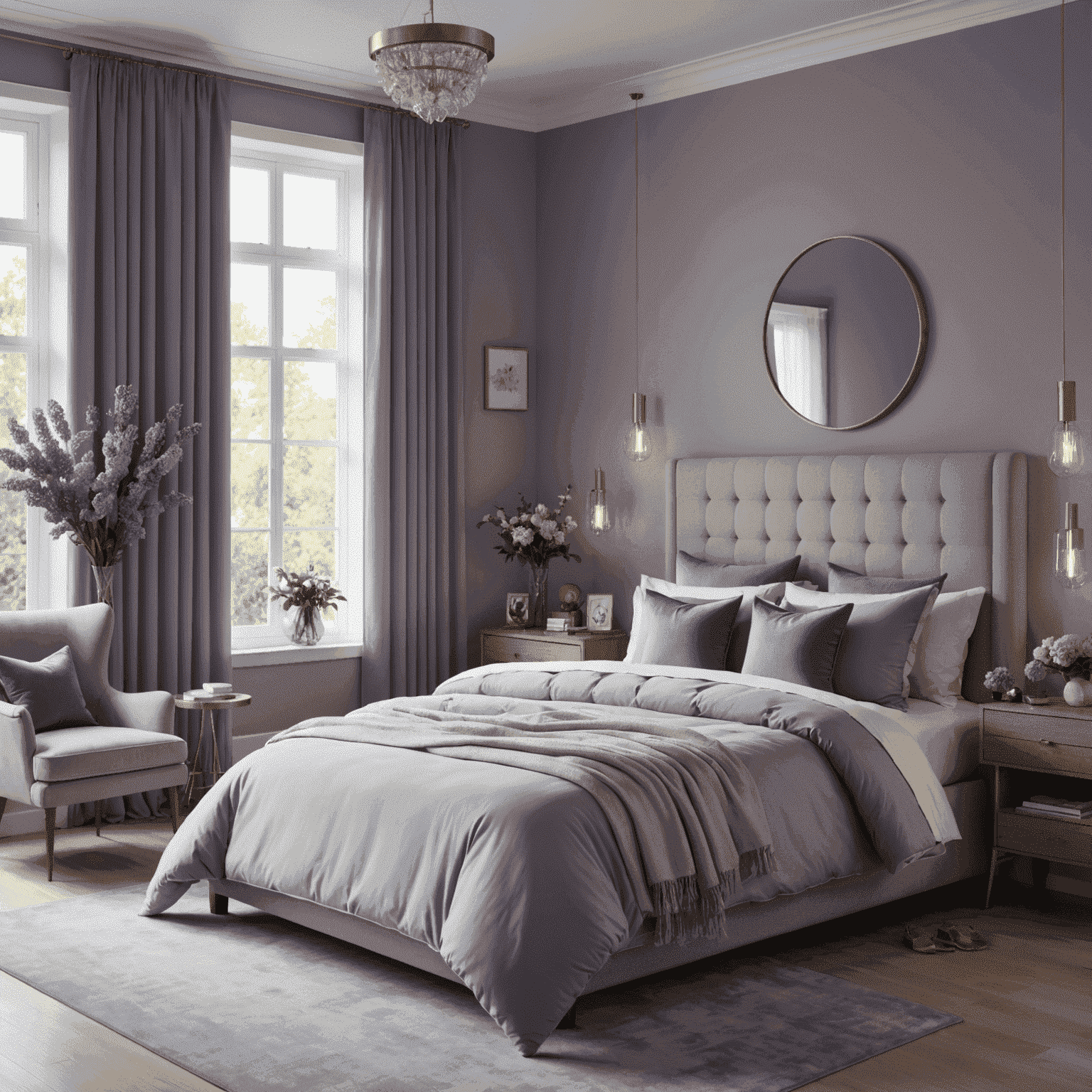 A serene bedroom setup with soft lighting, blackout curtains, and a comfortable bed. Lilac and blue accents in the decor, with subtle golden details.