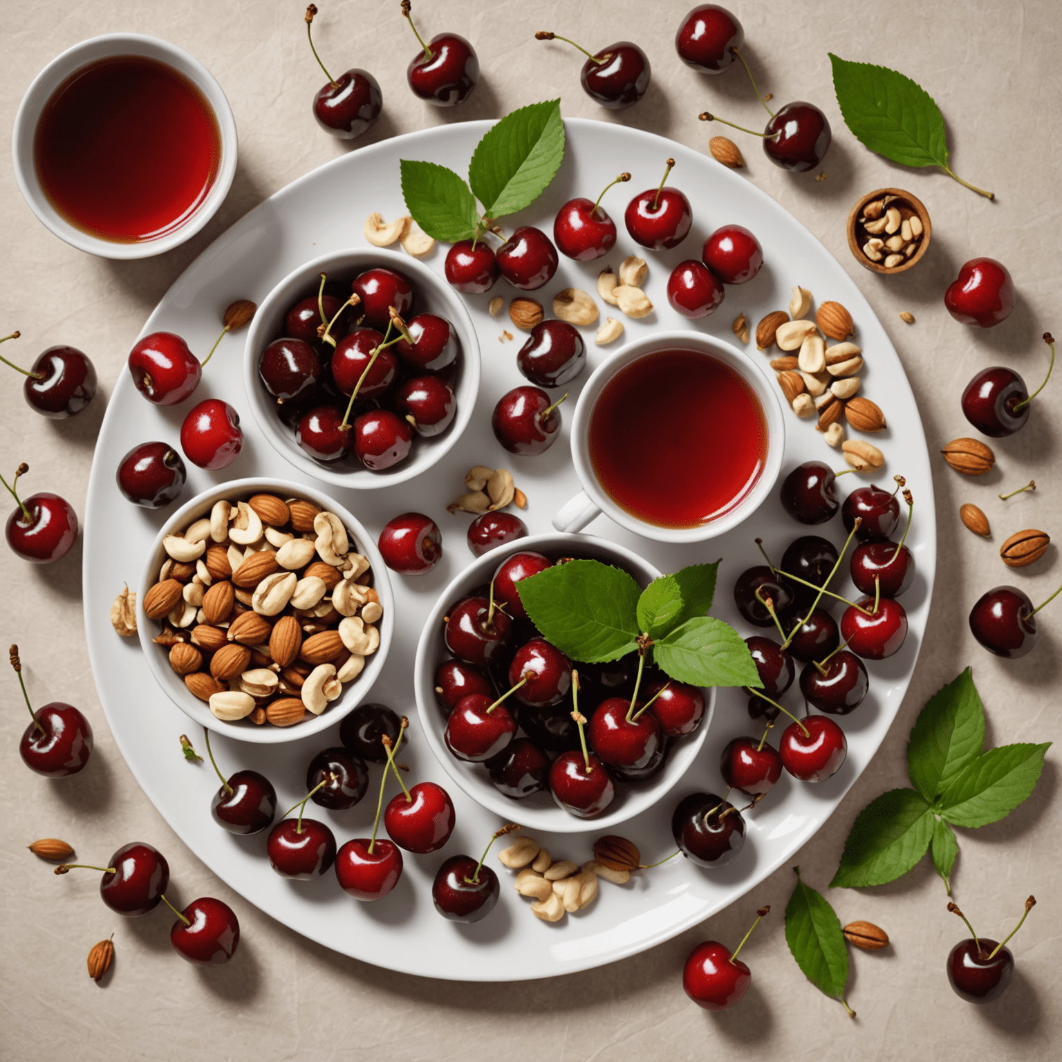 Various sleep-promoting foods like cherries, nuts, and herbal tea arranged on a plate