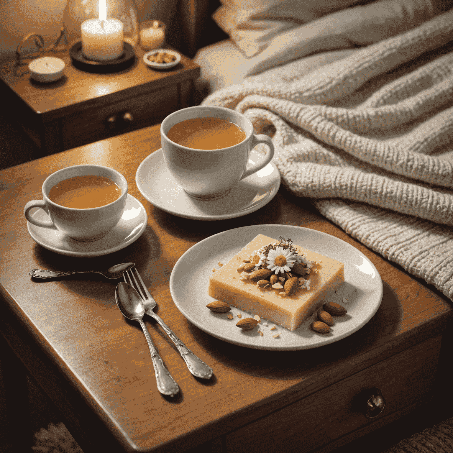 A small plate with a handful of almonds and a few cubes of cheese, placed next to a cup of chamomile tea on a cozy nightstand.