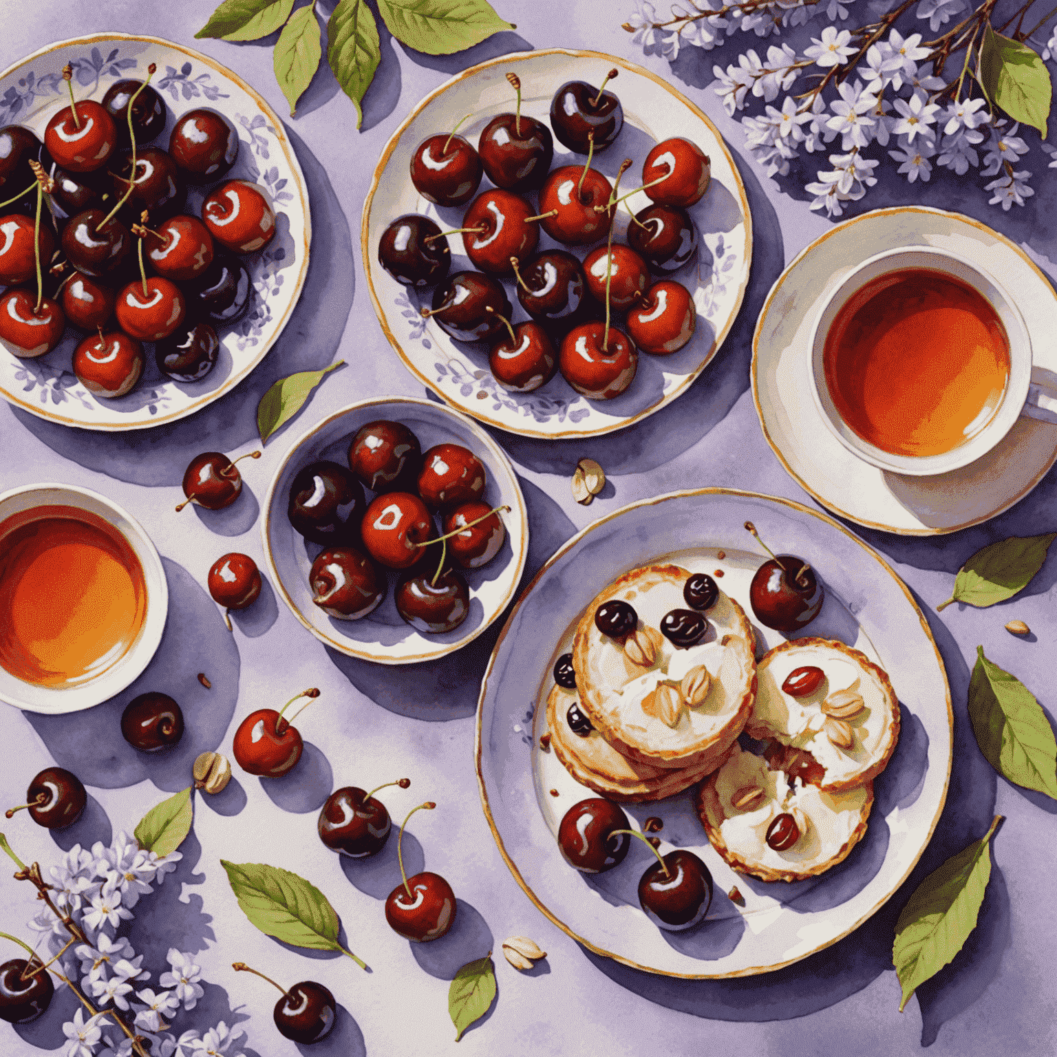 A collection of sleep-friendly foods arranged on a plate, including cherries, nuts, and herbal tea. Soft watercolor illustrations of lilac flowers in the background.