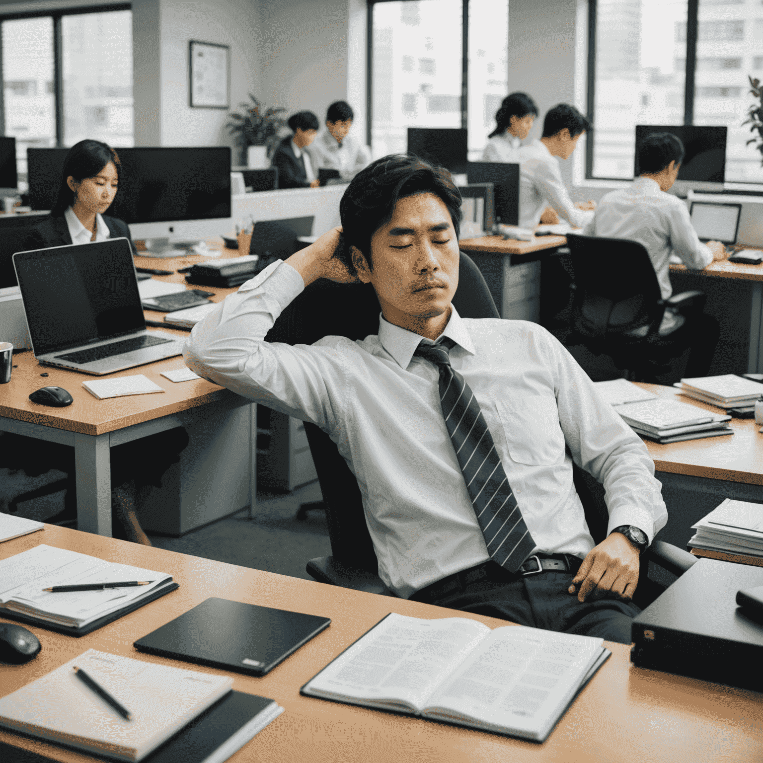 Japanese office worker taking a quick nap at their desk, surrounded by a peaceful work environment