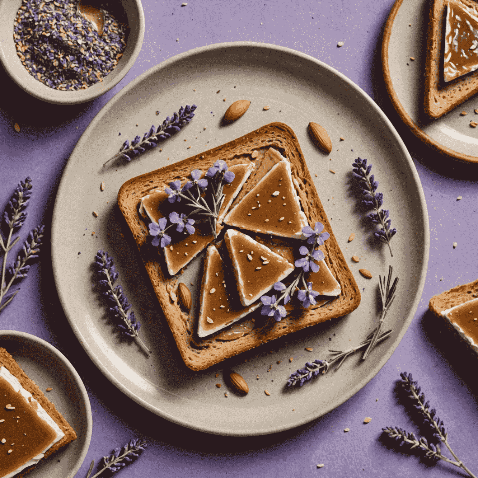 A slice of whole grain toast spread with almond butter, cut into triangles and arranged on a small plate with a sprig of lavender for decoration.