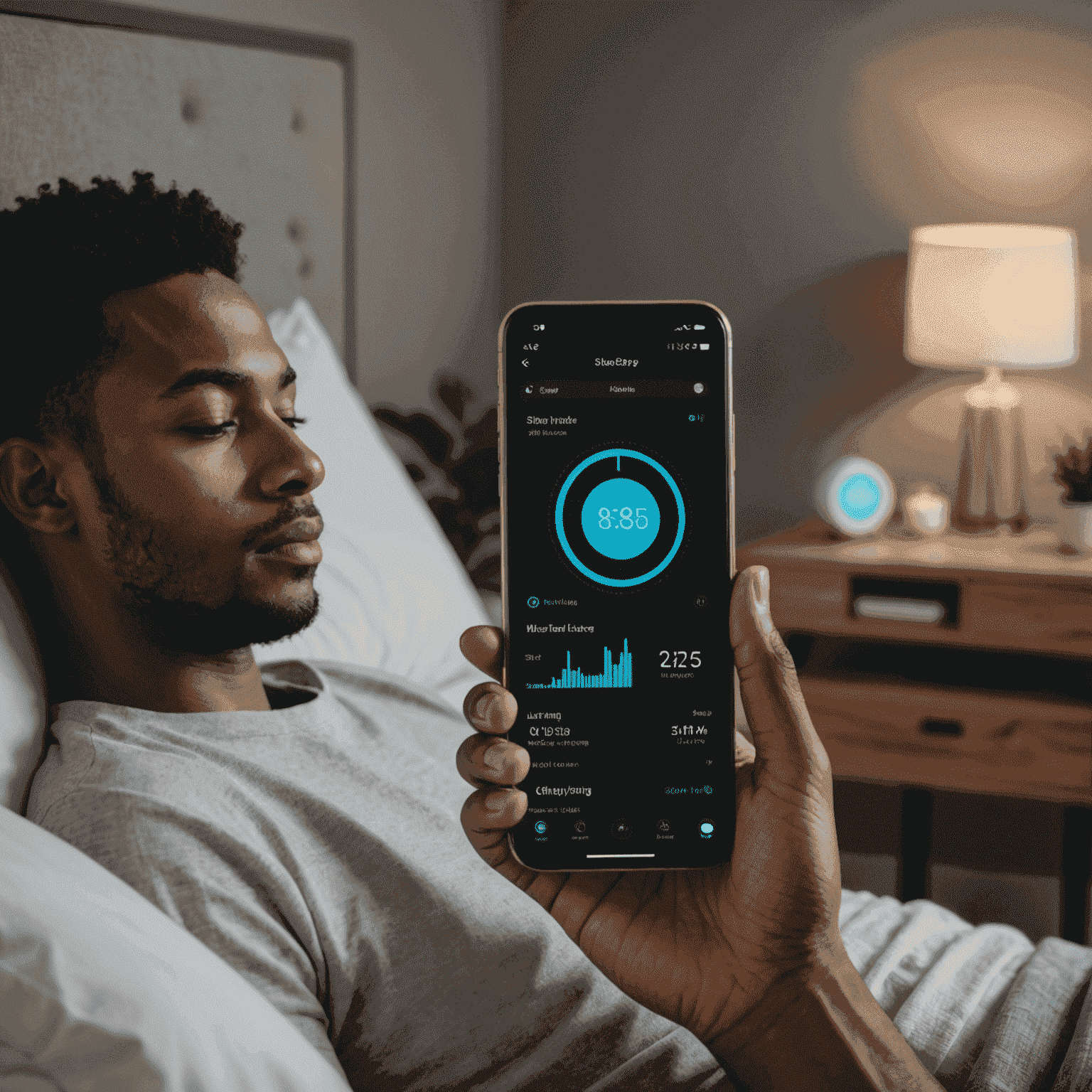 Split image showing a person using a sleep tracking app and smart home devices for better sleep